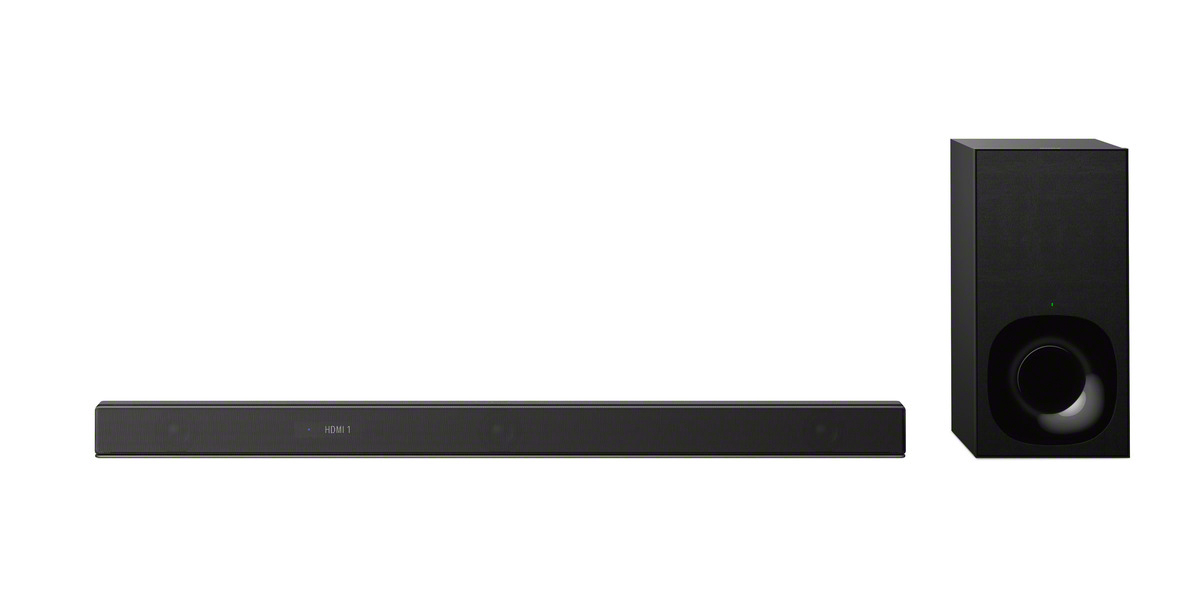 Eine schwarze Soundbar mit Subwoofer. Die Soundbar ist horizontal, der Subwoofer vertikal.