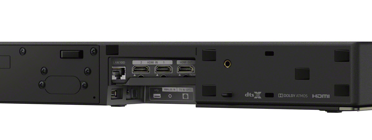 Rückseite einer schwarzen Soundbar mit Eingängen: LAN, HDMI, USB und Audioanschlüssen.