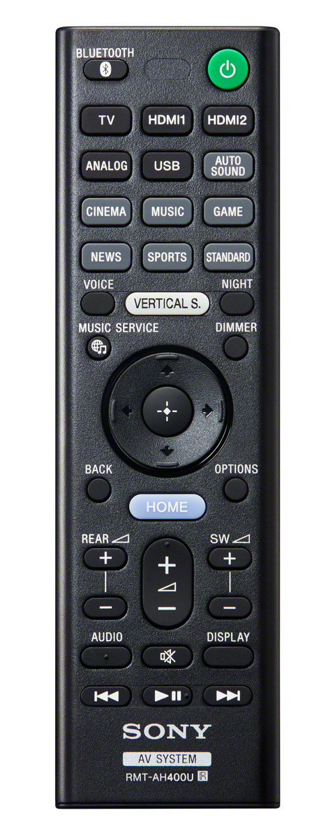 Schwarze Sony AV-System-Fernbedienung mit vielen Tasten, einschließlich Ein/Aus und Home.