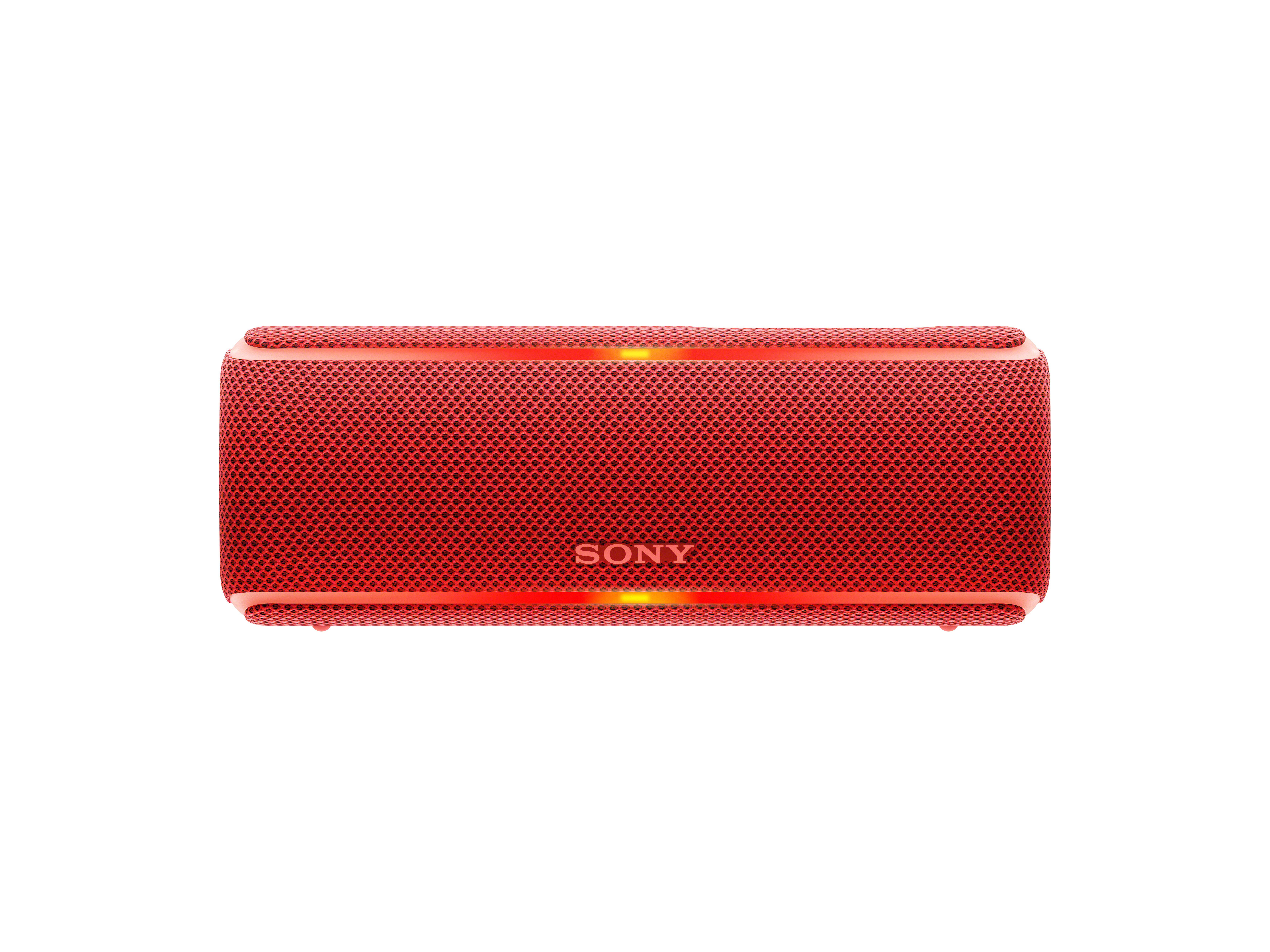 Roter Sony-Lautsprecher mit Mesh-Design und leuchtendem Lichtstreifen.