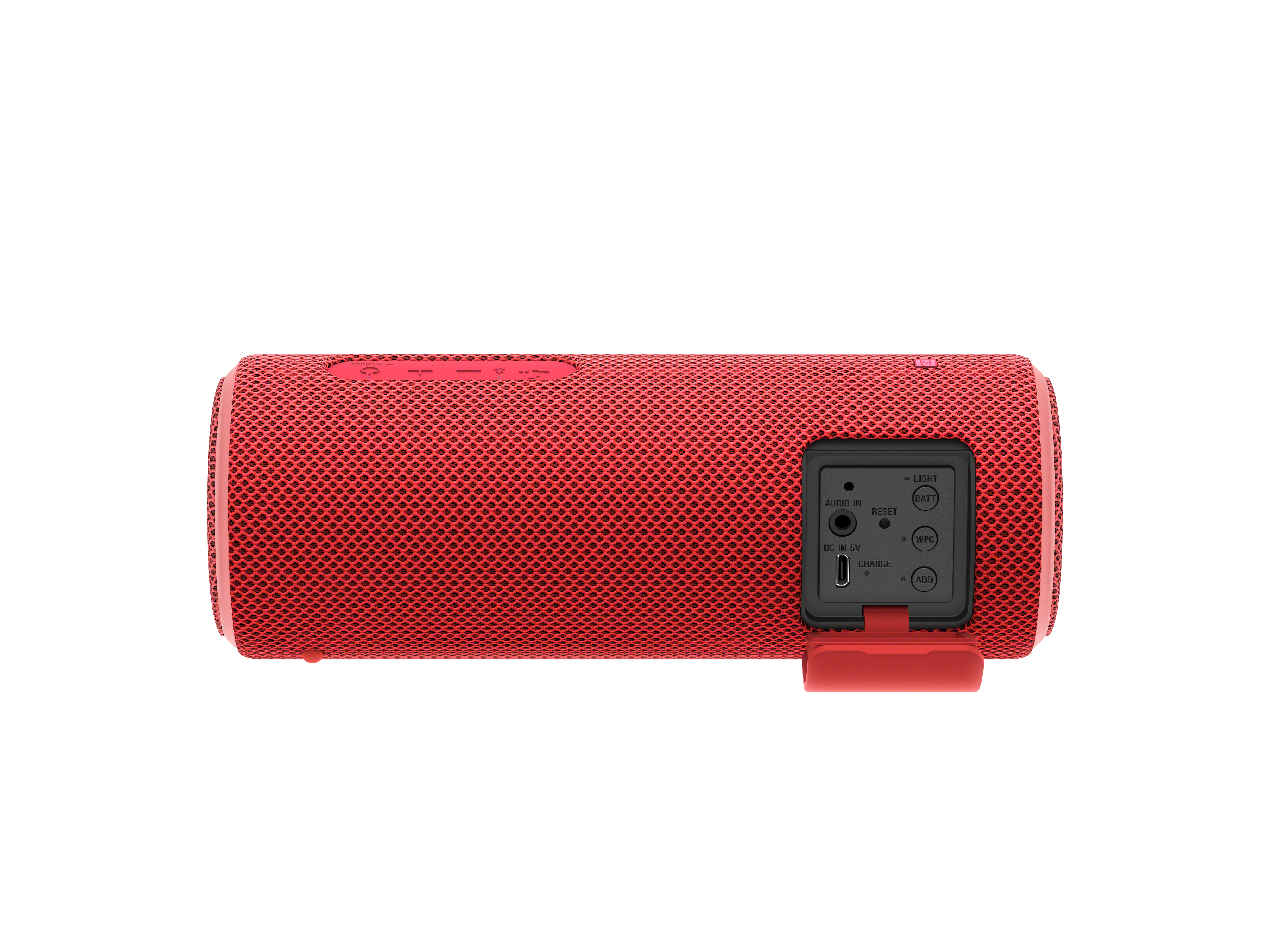 Roter zylindrischer Lautsprecher mit Bedienfeld und roter Abdeckung auf der Rückseite.