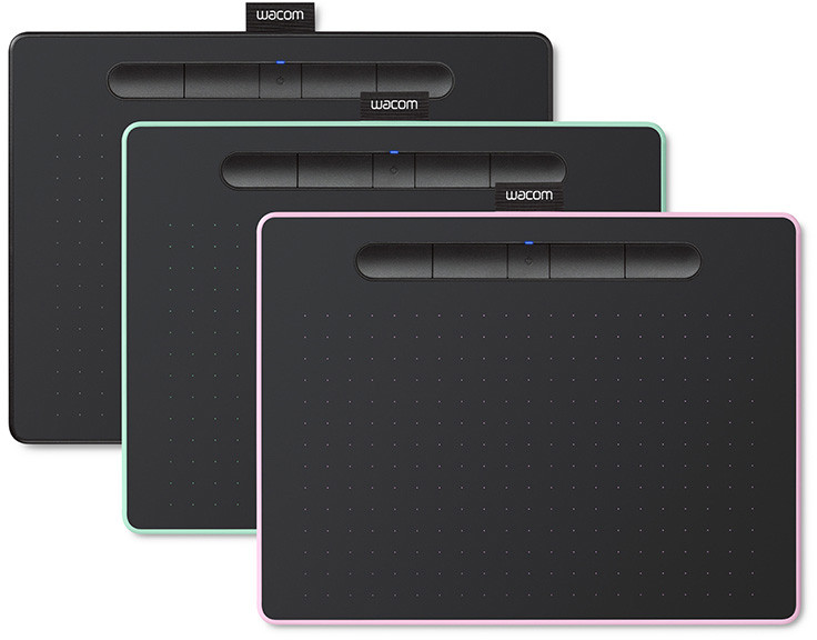 Trois tablettes graphiques Wacom noires avec bords de couleurs différentes, sur fond blanc.