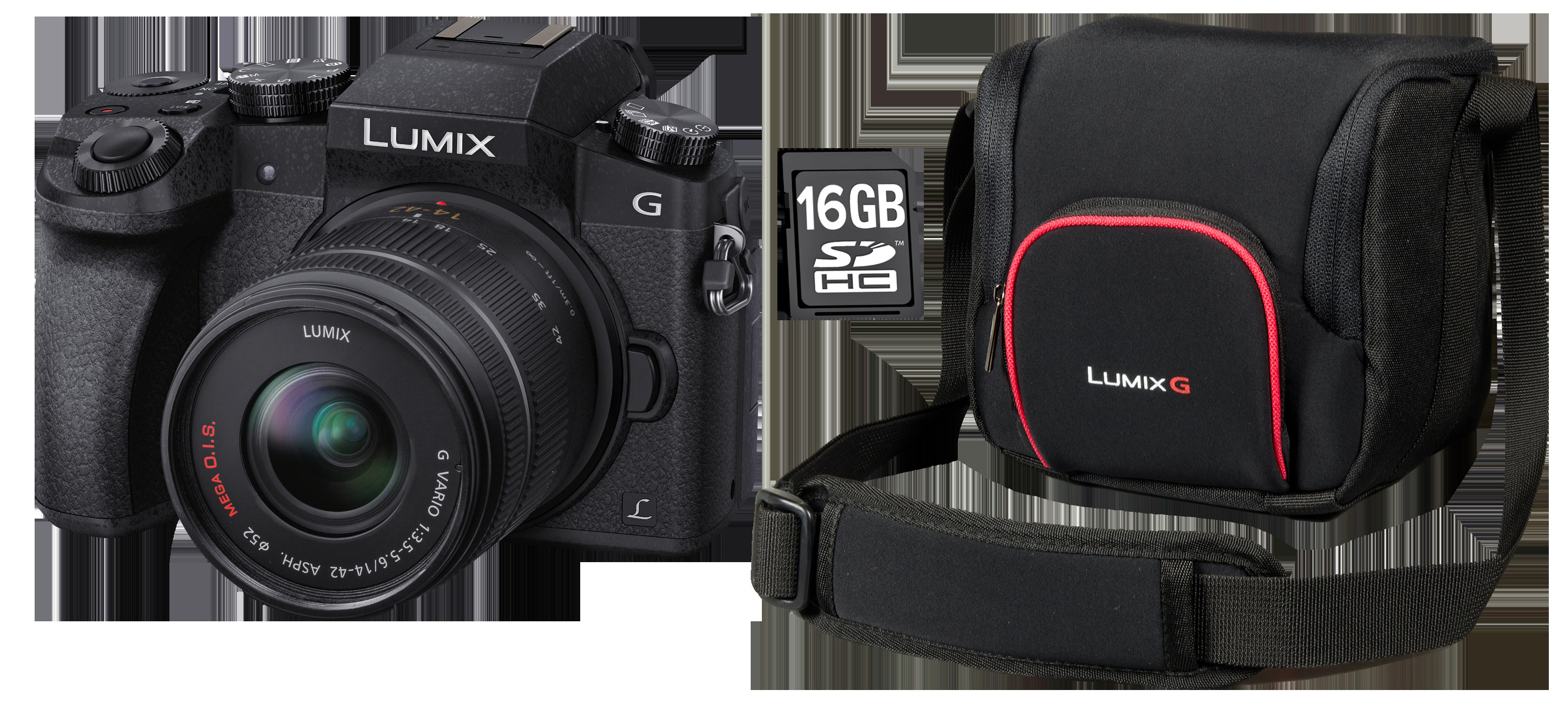 PANASONIC Lumix DMC-G70K + 16 GB Speicherkarte + Tasche Systemkamera mit Objektiv 14-42 mm, 7,62 cm Display Touchscreen, WLAN