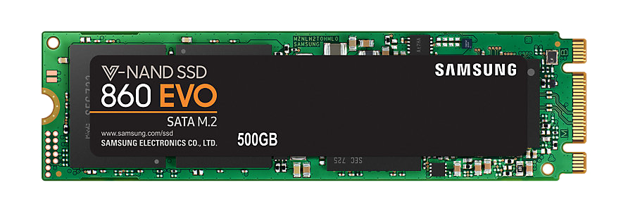 Zwarte SSD-schijf met oranje en witte labels. Heeft "SAMSUNG" en "860 EVO" erop.