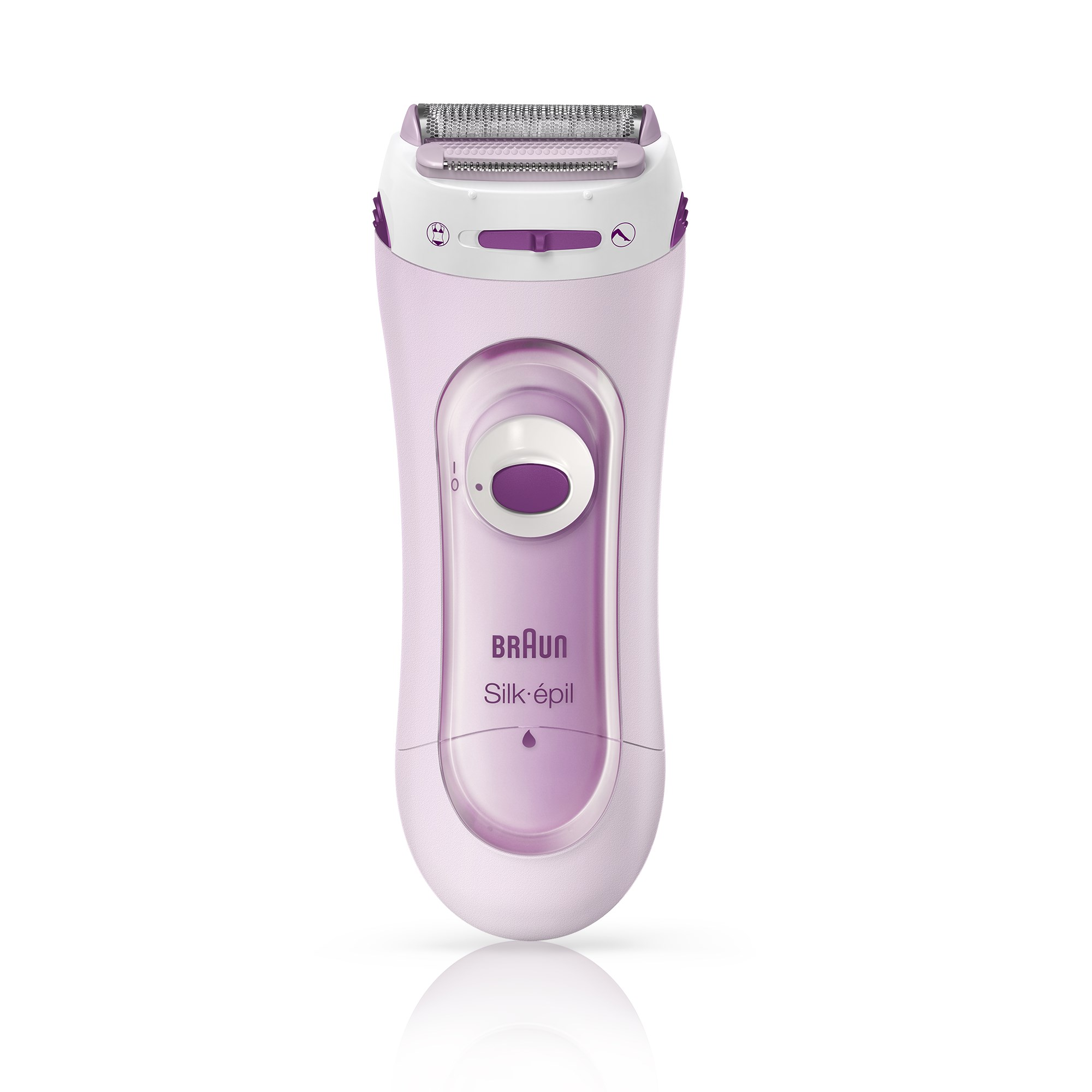 Pink and white Braun Silk-épil epilator. The device is turned on and ready to use.