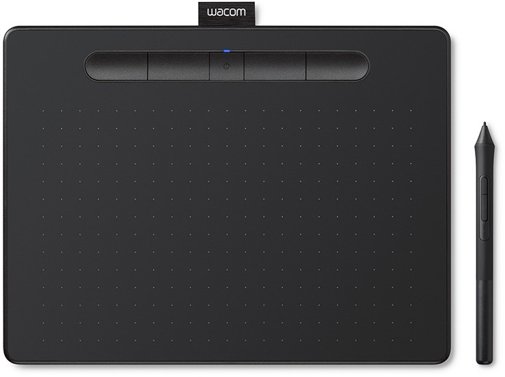 Tablette de dessin noire avec boutons et un stylet. La marque est Wacom.