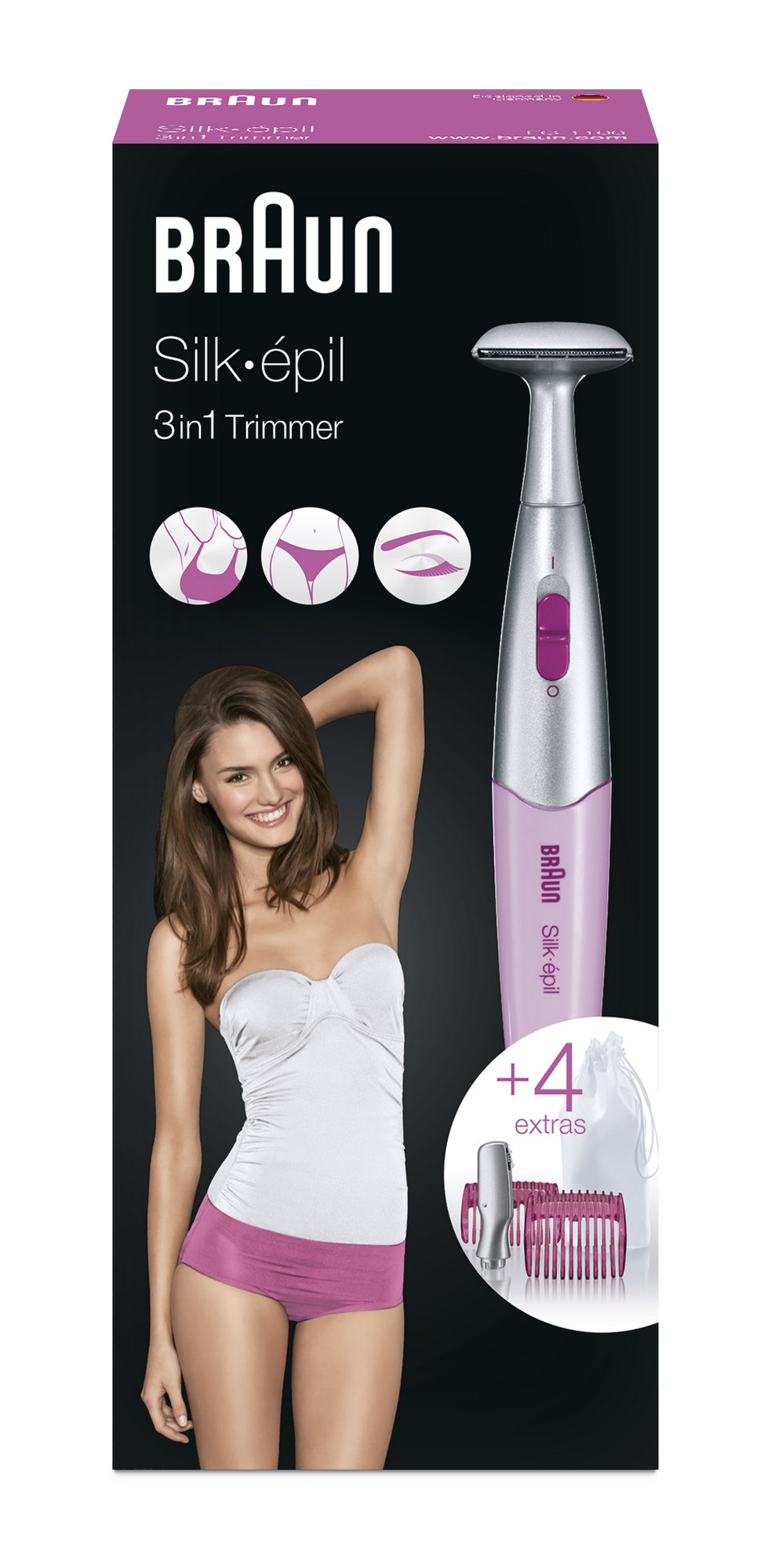 A Braun Silk-épil 3-in-1 trimmer box. A woman and the trimmer are shown on the front.
