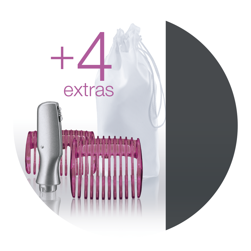Silver shaver, pink combs and a white bag are shown, with a '+4 extras' label.