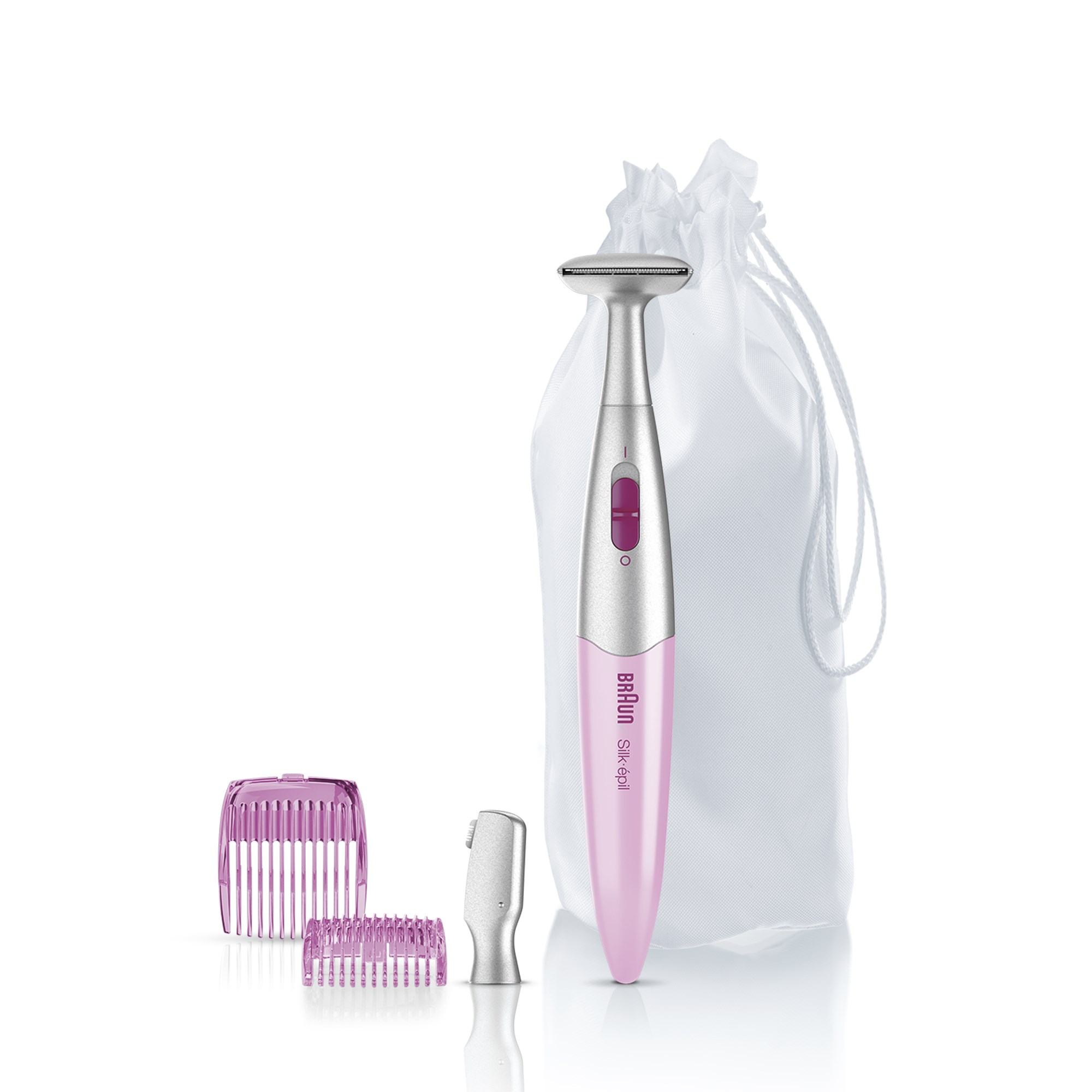 Pink and silver electric shaver with accessories and a bag.