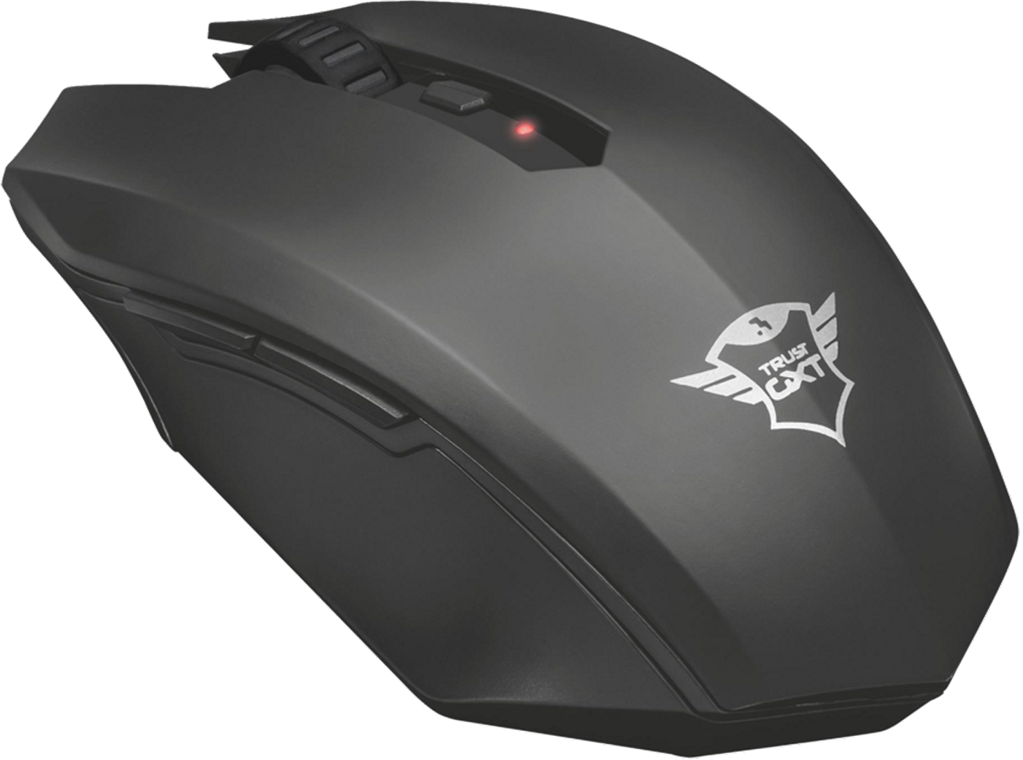 Een zwarte computermuis met het Trust GXT-logo. Hij heeft knoppen en een scrollwiel, en een rood lampje brandt.