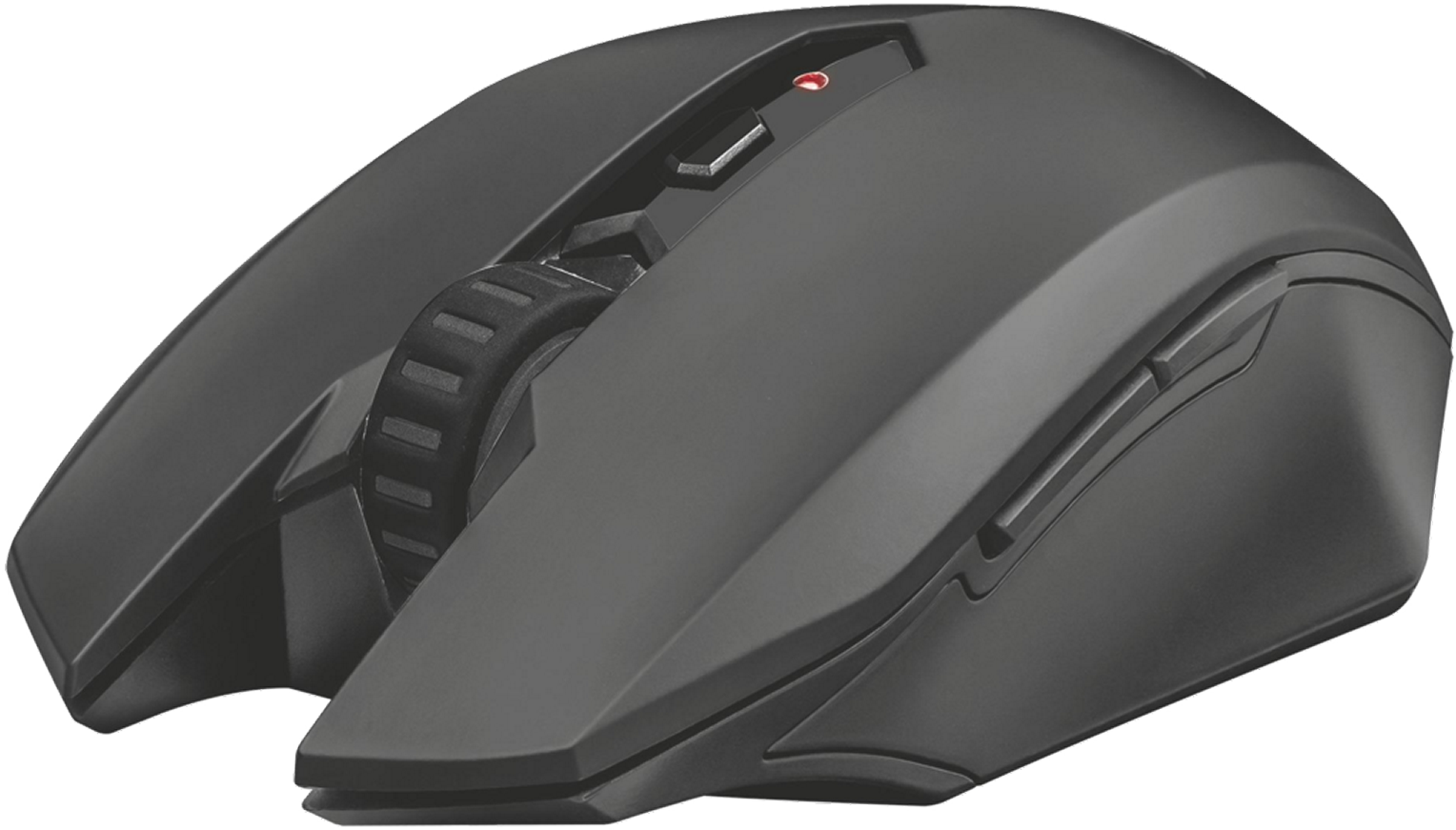 Een zwarte computermuis met een scrollwiel, knoppen en een rood indicatielampje. De muis staat op een zwarte achtergrond.