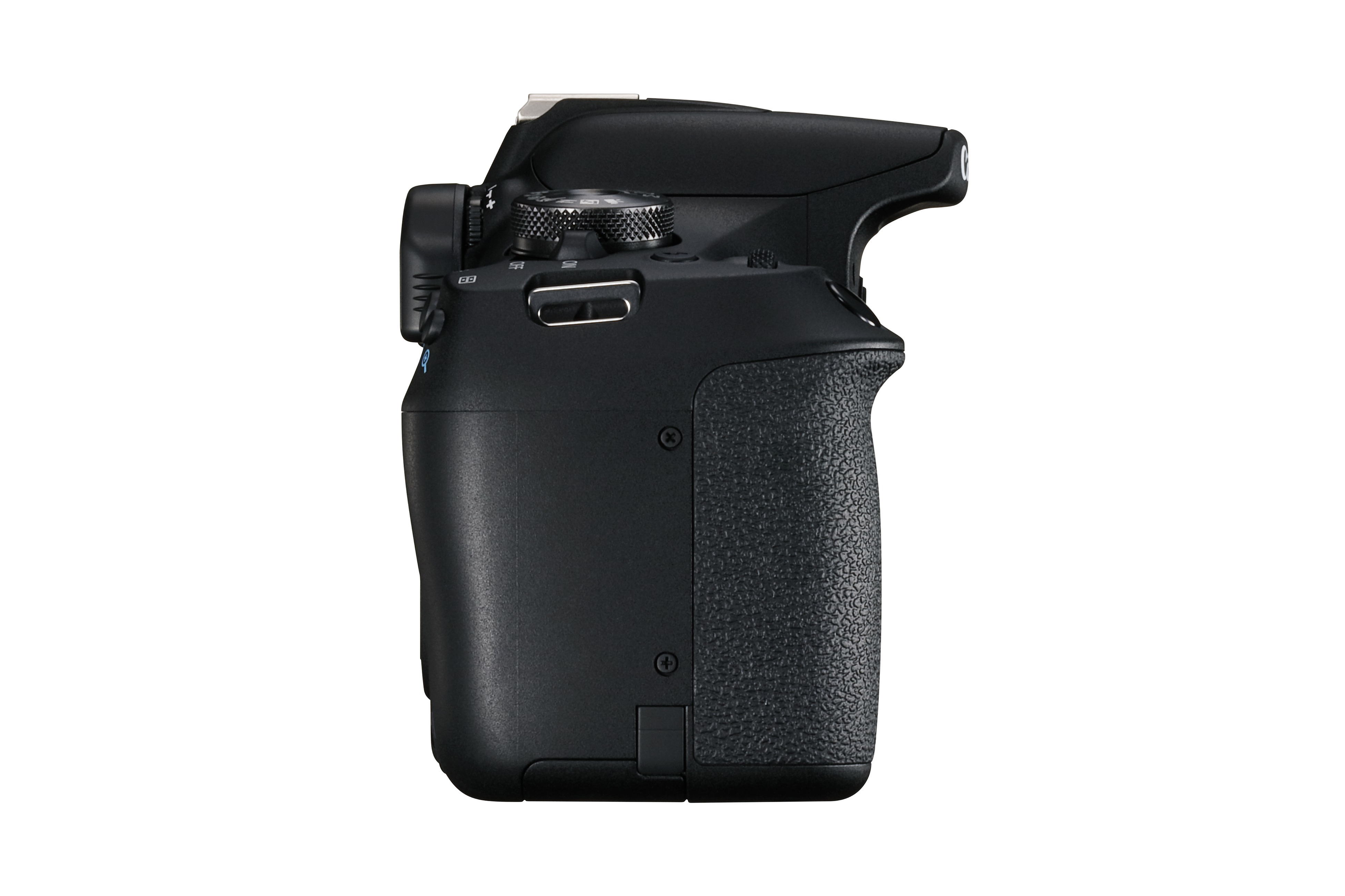 Eine schwarze Canon-Kamera, von der Seite betrachtet. Zeigt Griff, Knöpfe und Bedienelemente.