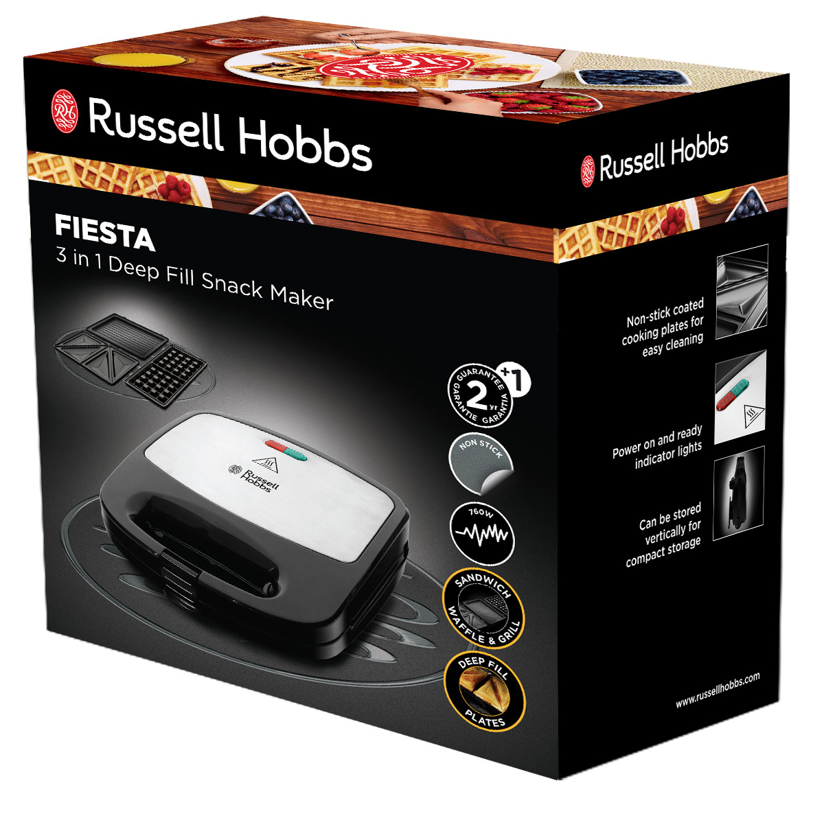 Verpackte Russell Hobbs Fiesta Snackmaschine. Schwarz-weißes Gerät mit Waffel- und Sandwichbildern.