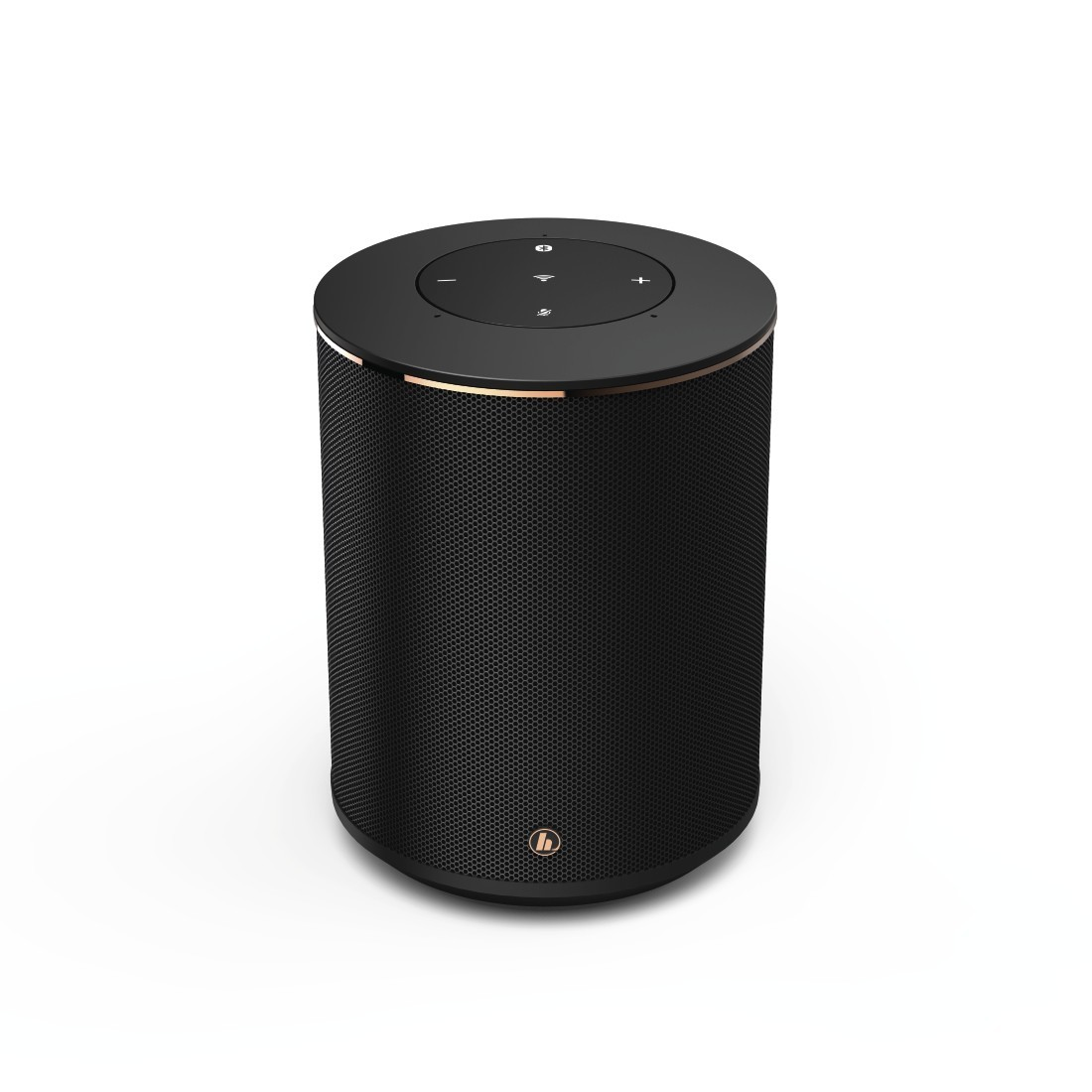 Altoparlante cilindrico nero con pulsanti sopra e corpo a rete. Anello dorato in alto. Logo Hama.