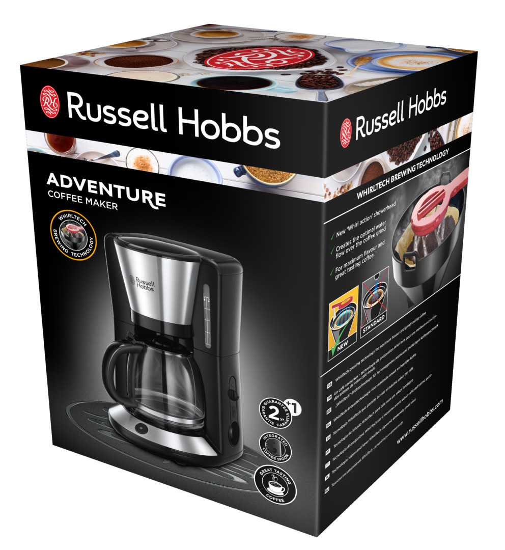 Une boîte de cafetière avec une image de cafetière et du texte. La marque est Russell Hobbs.