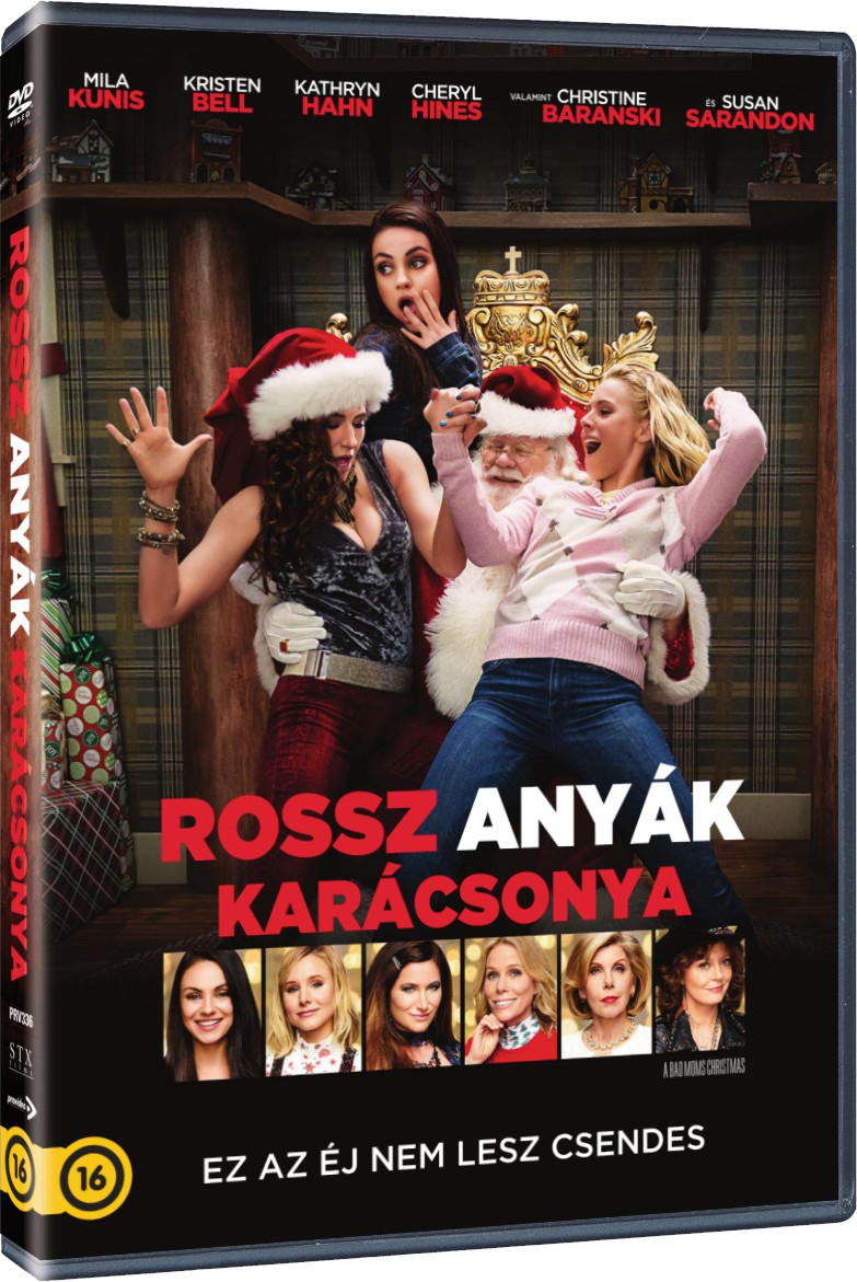 Bad Moms Christmas DVD borítója. Három nő Mikulás-sapkában. A cím piros. A háttér ünnepi.
