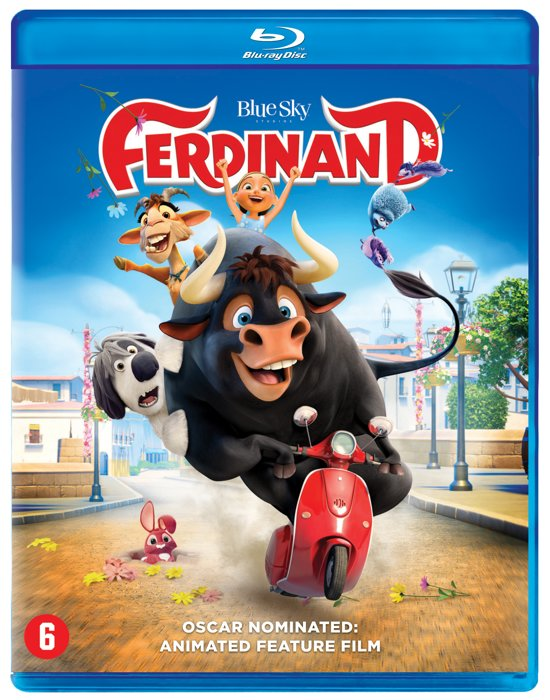 Filmposter: Ferdinand de stier. Animaties en rode scooter.