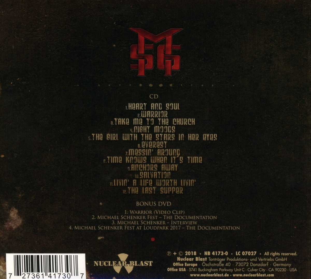 CD-Rückseite mit Titelliste für Michael Schenker Fest. Rotes Logo und schwarzer Hintergrund.