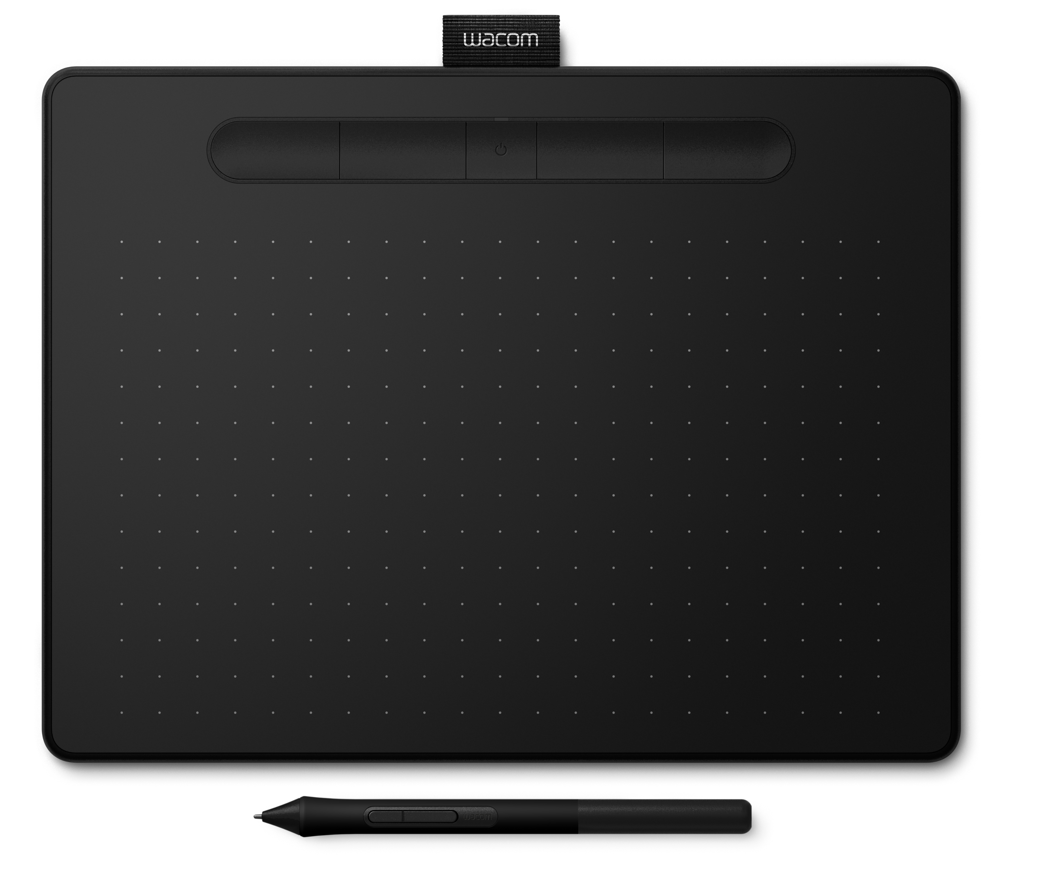 Schwarzes Wacom Zeichentablett mit einem Stift darunter, beides auf weißem Hintergrund.