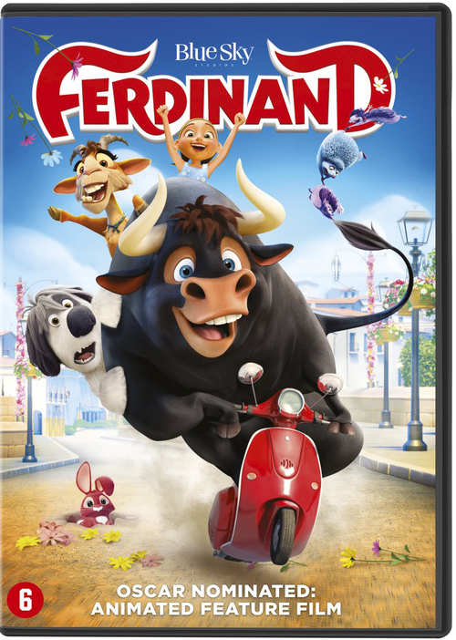 Pochette DVD Ferdinand. Film d'animation avec un taureau sur un scooter rouge, entouré de personnages de dessins animés.