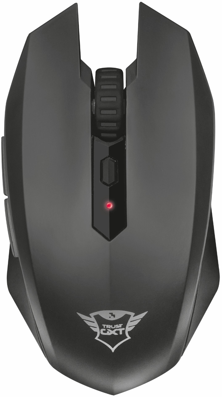 Een zwarte computermuis met een scrollwiel, knoppen en logo. Het heeft een rood licht.