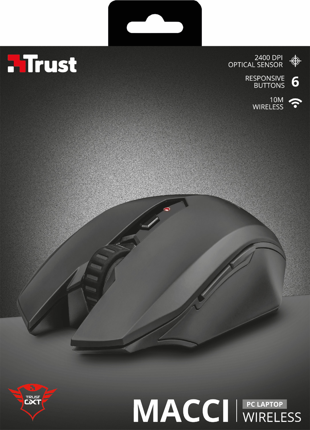 Een zwarte draadloze Trust Macci pc-laptopmuis. Kenmerken zijn responsieve knoppen, 2400 DPI en een draadloos bereik van 10 m.