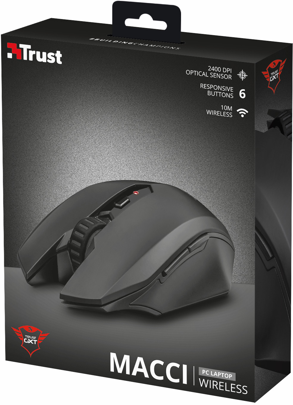 Een zwarte draadloze Trust Macci pc-laptopmuis staat op een zwarte doos, met de merknaam erboven en de kenmerken van de muis.