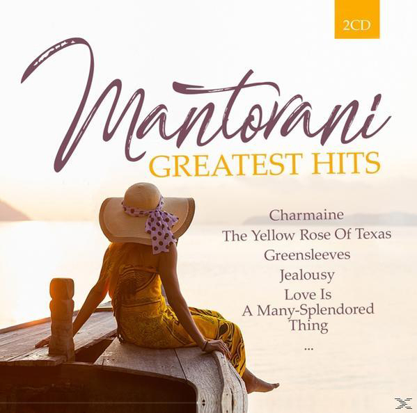 Albumcover. Frau in gelbem Kleid sitzt auf einem Boot. Text: Mantovani, Greatest Hits. Küstenhintergrund.