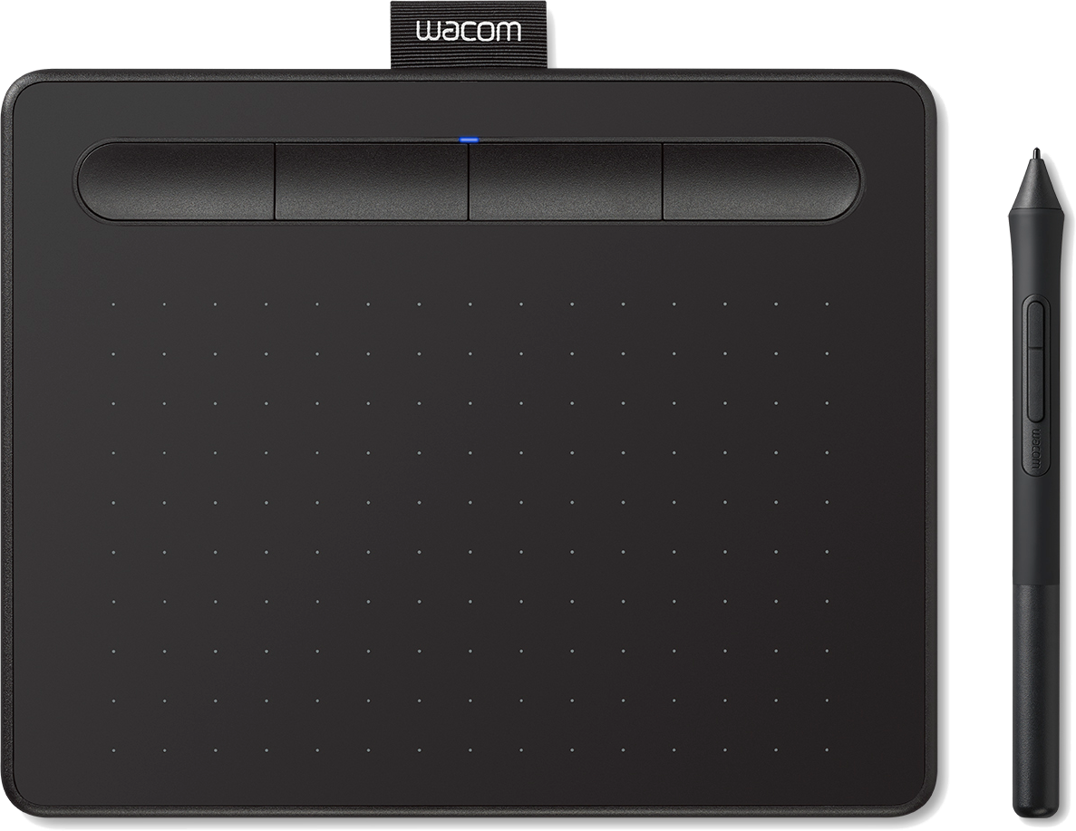 Ein schwarzes Zeichentablett mit Stift und vier Knöpfen.