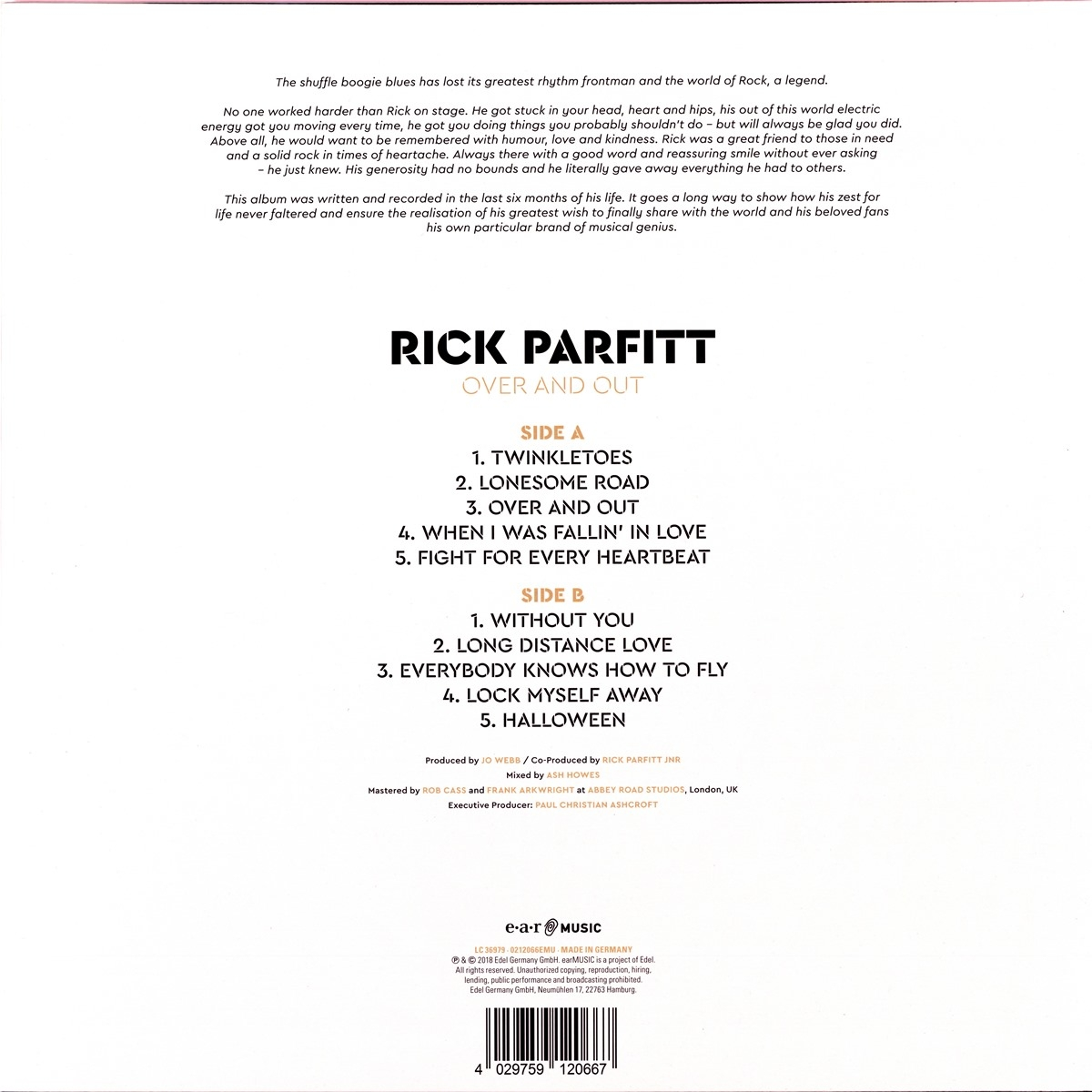 Rückseite einer CD. Text über Rick Parfitts Album, Titelliste und Credits.