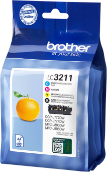 Pack de cartouches d'encre Brother LC3211 avec une grande orange et d'autres couleurs.