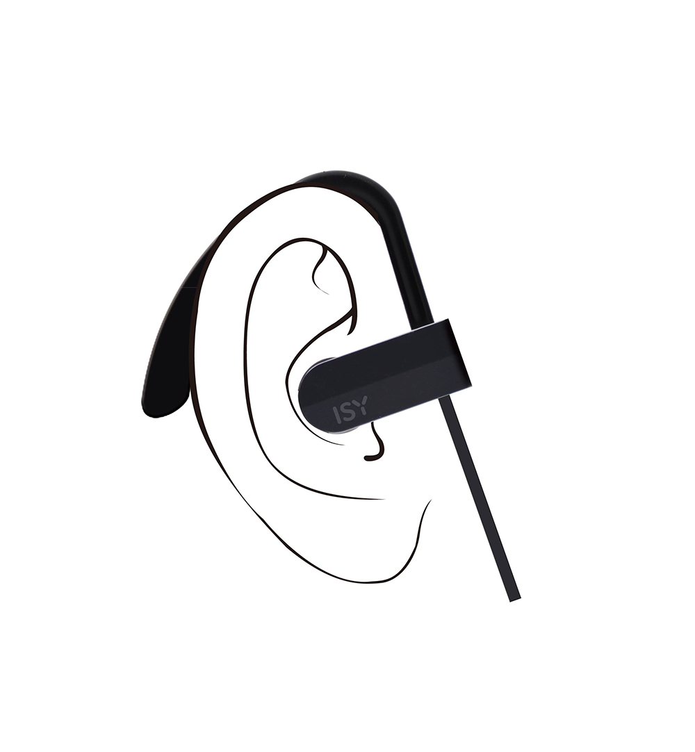 A black earbud with an ISY logo. It is attached to a black ear hook.