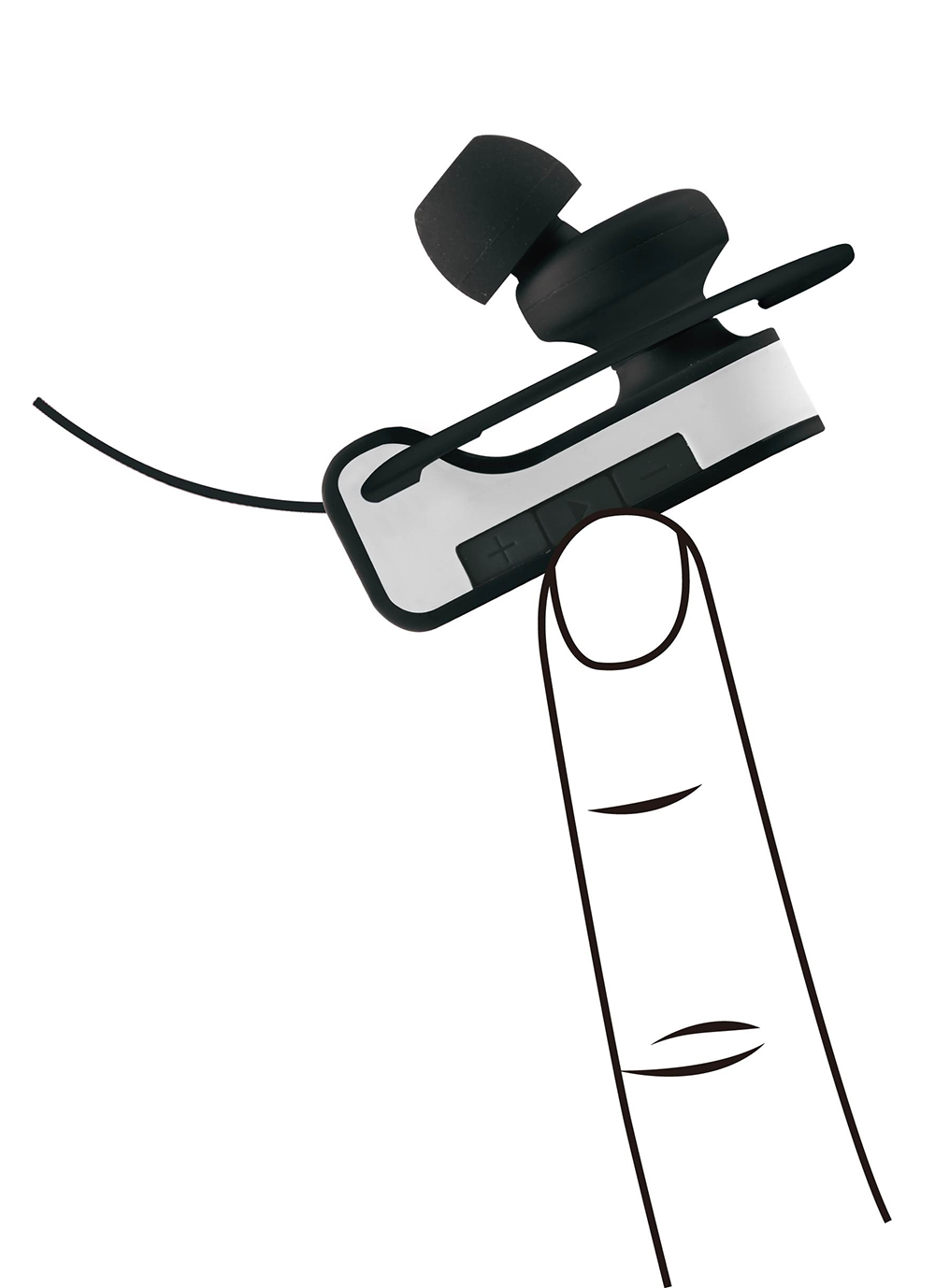 Wireless earbud held on a finger. Black and white earbud with a small microphone. Simple line drawing.