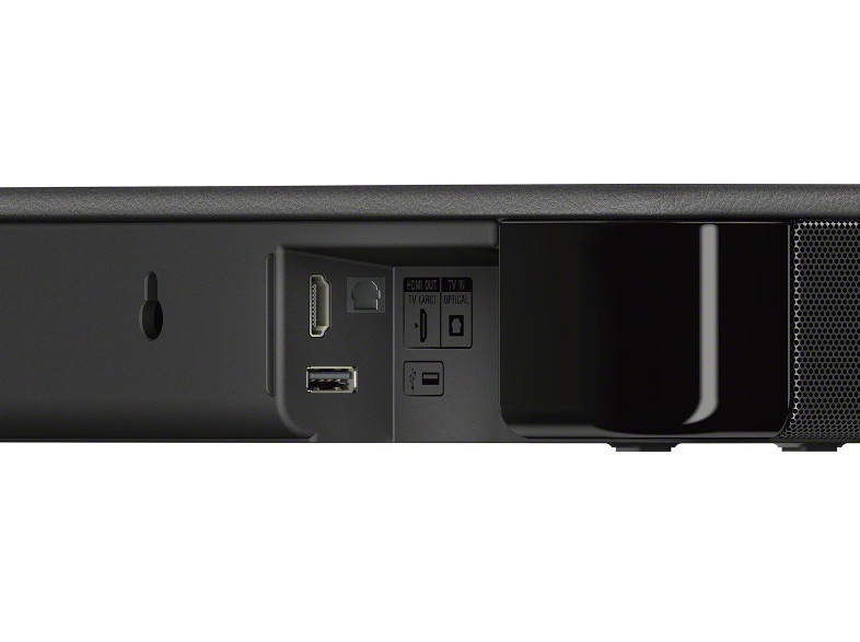 Egy fekete soundbar hátulja. Különféle portokat mutat: HDMI, USB, optikai audio és tápellátás.