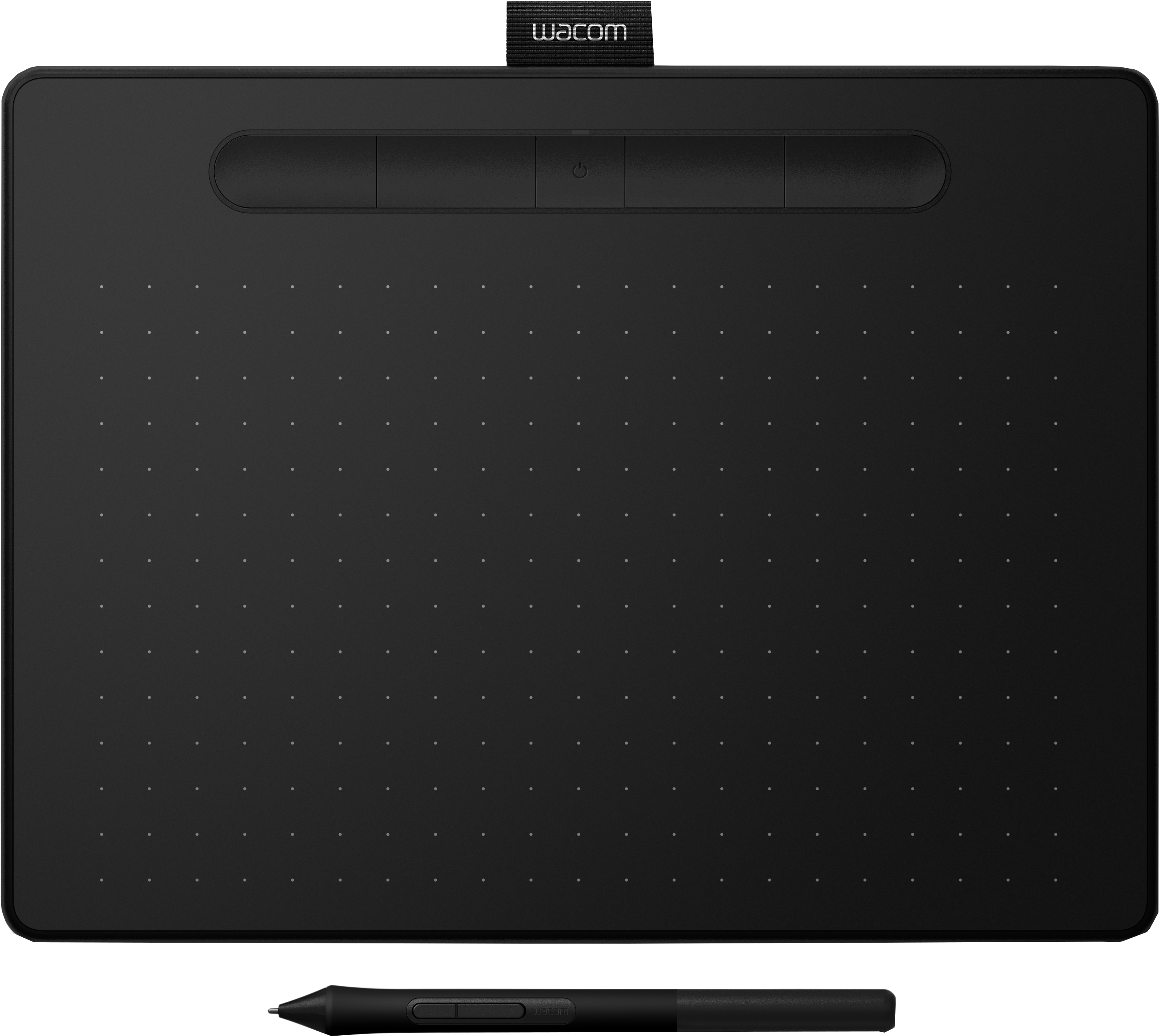 Schwarzes Wacom Grafiktablett mit Stift. Das Tablet hat Tasten und eine strukturierte Oberfläche mit kleinen Punkten.