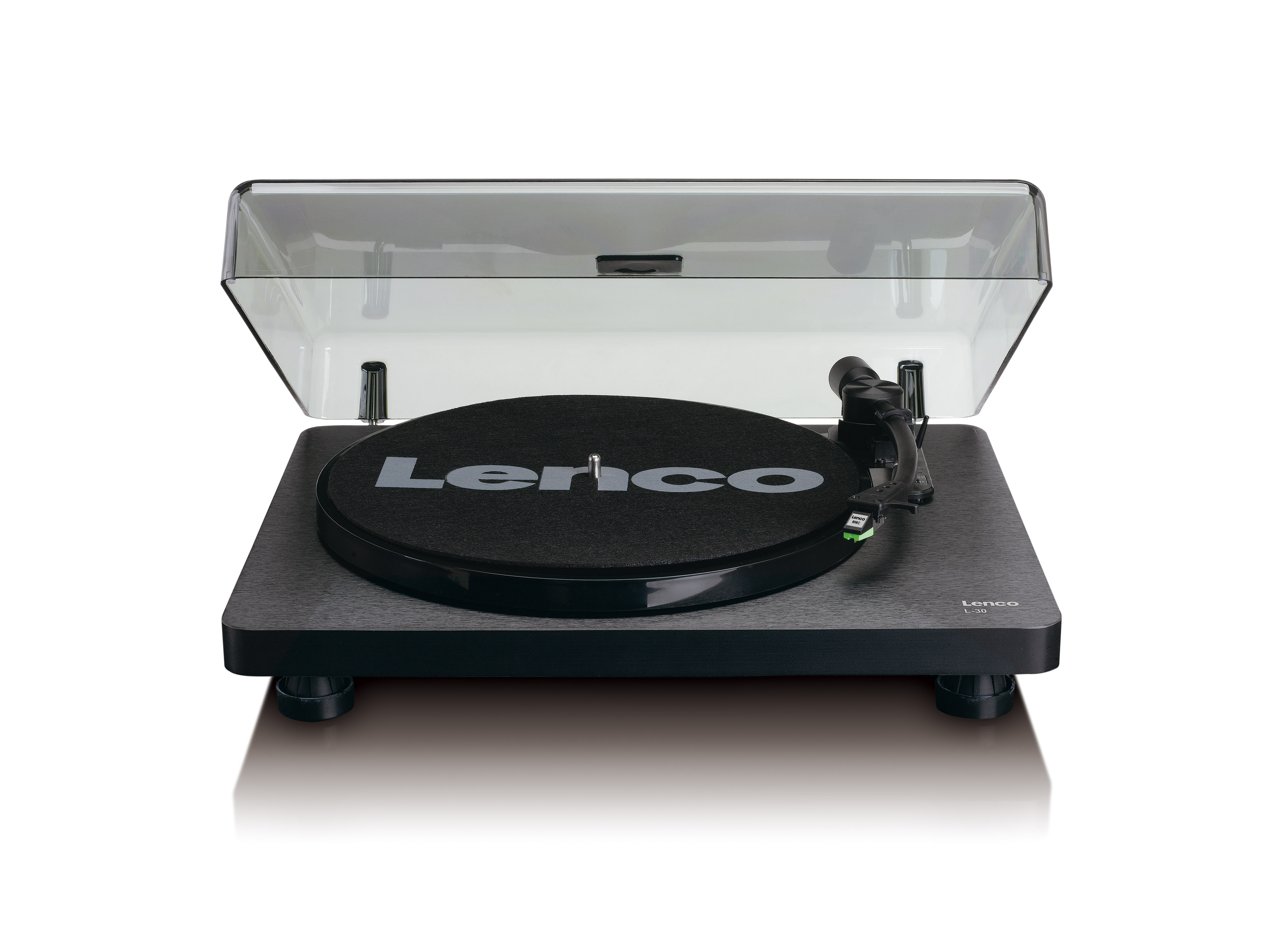 Platine vinyle noire. Couvercle transparent ouvert. Disque vinyle noir sur le plateau.