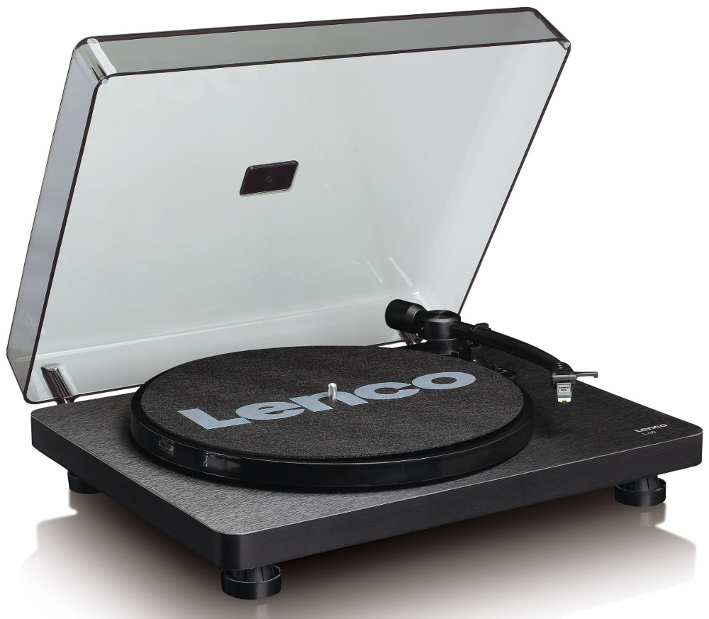Platine avec une surface noire, un couvercle transparent et une base en bois gris sur fond blanc.