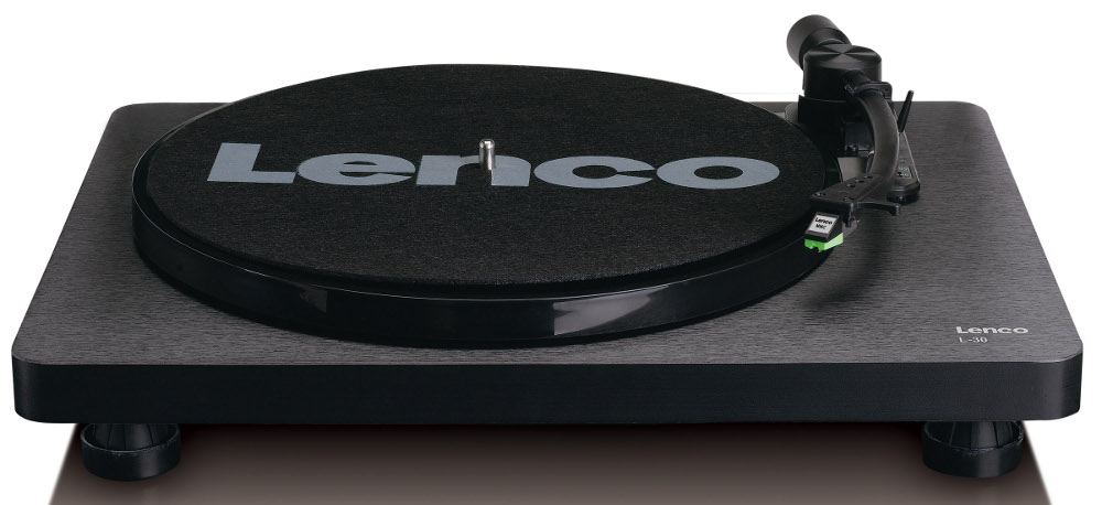 Platine Lenco noire. Le disque noir est sur la table. Le bras est noir. La table est noire.