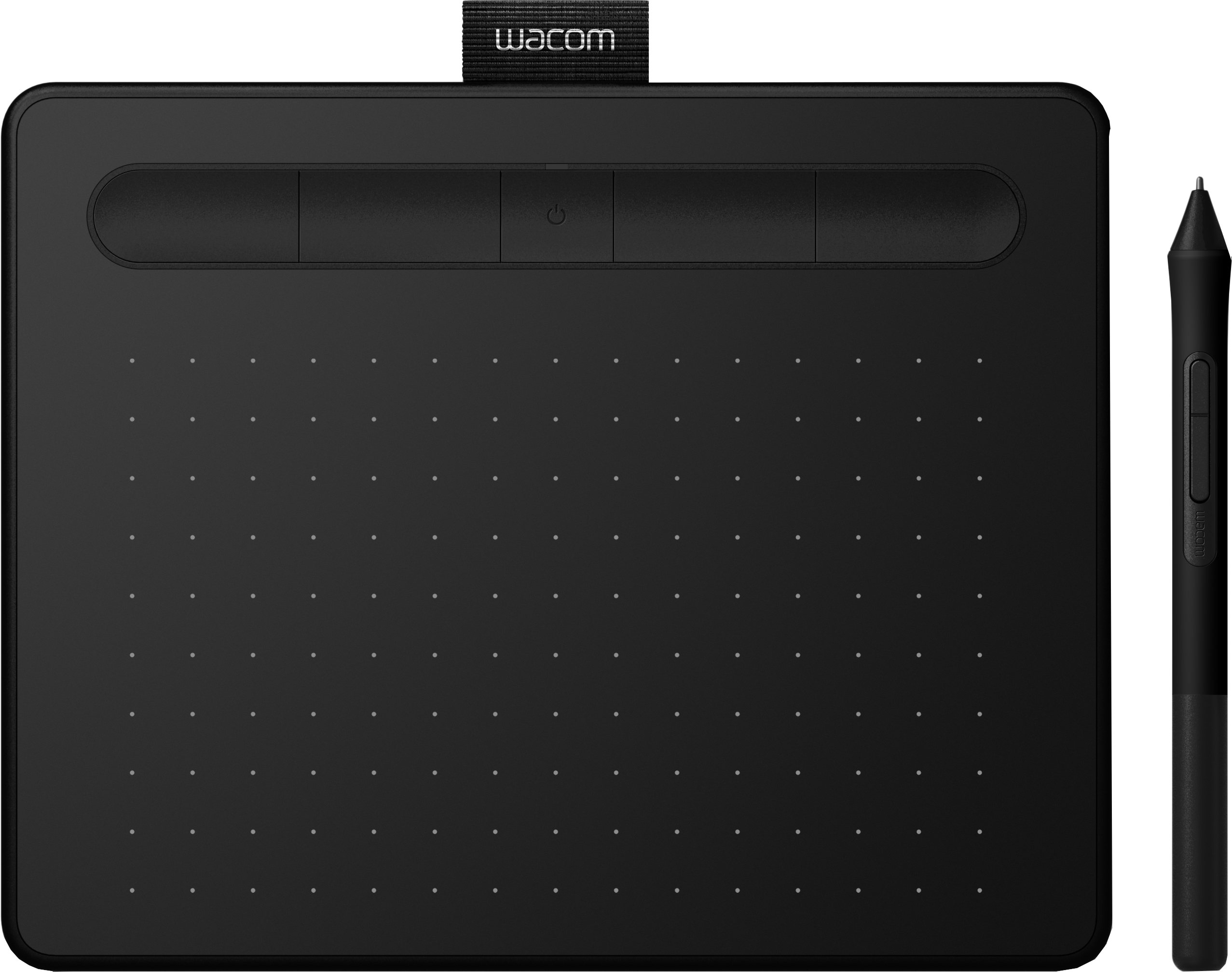 Schwarzes Wacom-Zeichentablett mit Stift. Enthält Tasten und einen Ein-/Ausschalter auf dem Tablet.