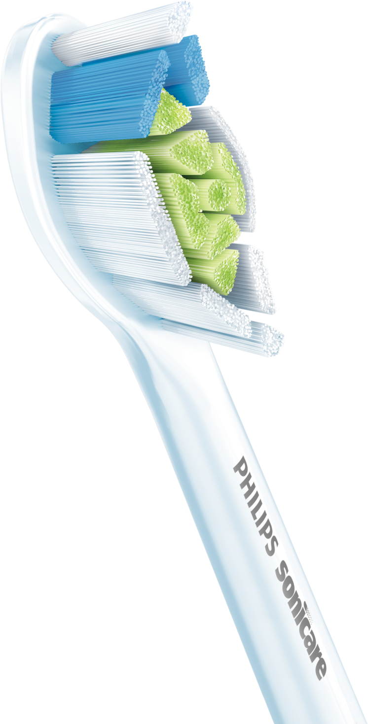 Close-up of a Philips Sonicare toothbrush head with blue, green, and white bristles.
