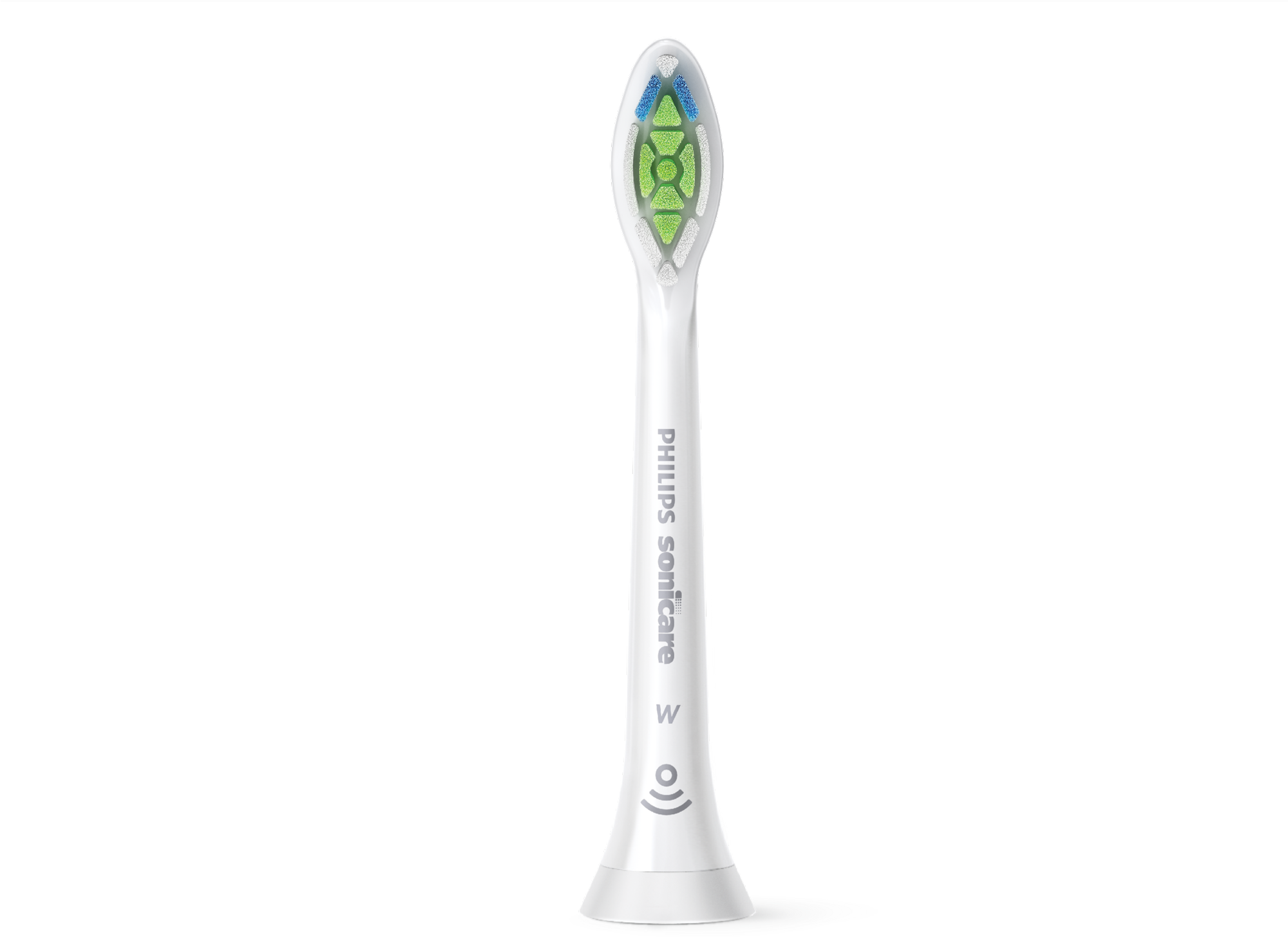 A white and silver Philips Sonicare toothbrush head, with green and blue bristles.