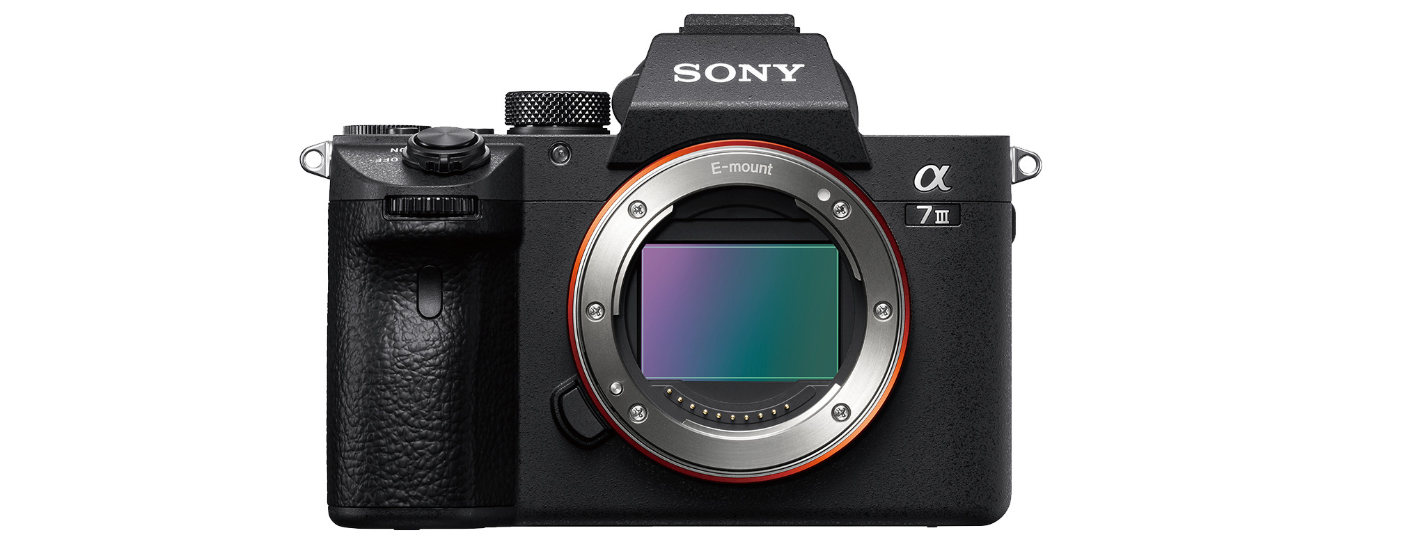Schwarze Sony Alpha 7 III Kamera. Schwarzer Körper, silbernes Objektivbajonett. Mit Sony-Logo und Alpha 7 III-Label.