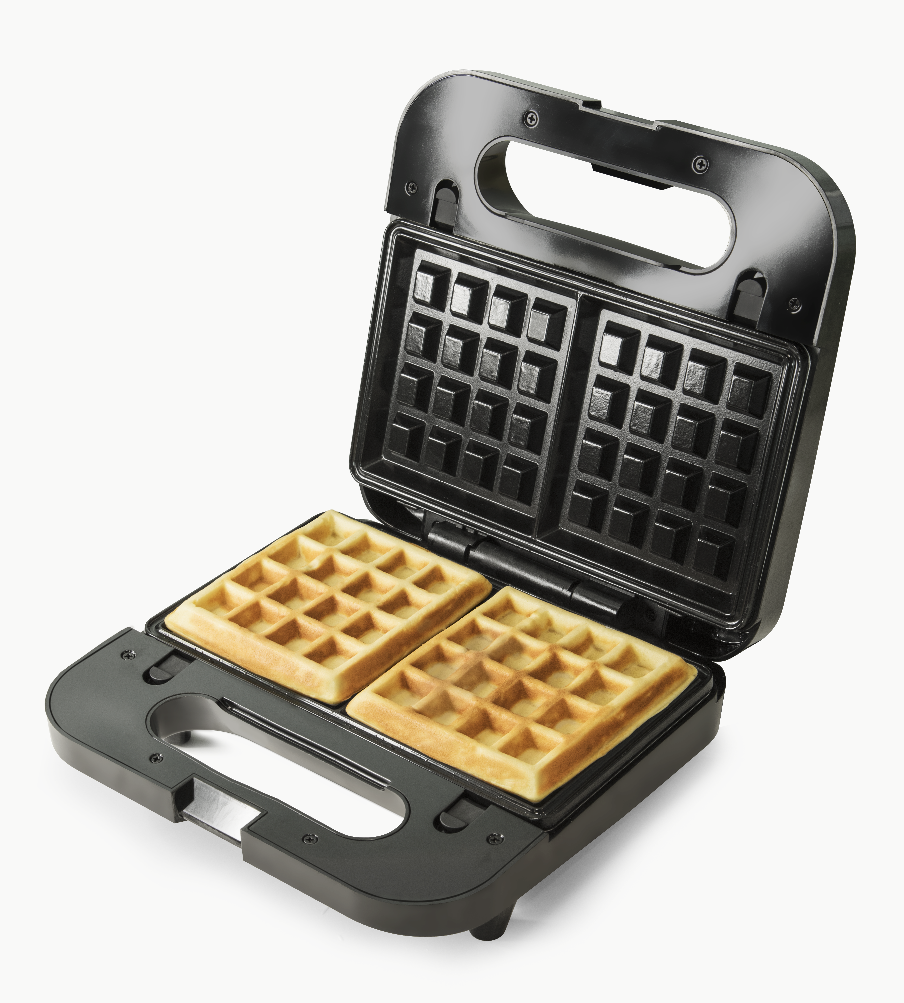 Ein schwarzer Waffeleisen mit zwei goldenen Waffeln darin.