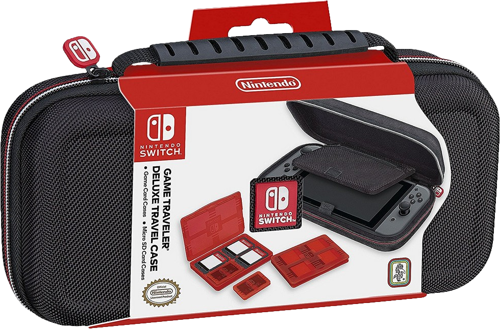 Nintendo Switch utazótáska, a konzollal és a tartozékokkal.