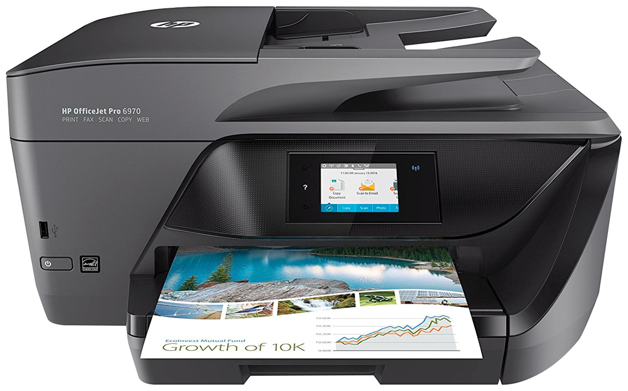 Impresora HP OfficeJet Pro 6970 negra y gris con pantalla a color, imprimiendo un documento.