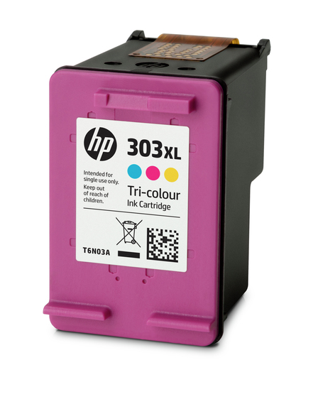 A HP 303XL Tri-colour ink cartridge. The cartridge is pink, with cyan, magenta, and yellow ink.