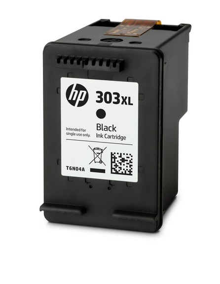 Black HP 303XL black ink cartridge. It has a white label with black text.