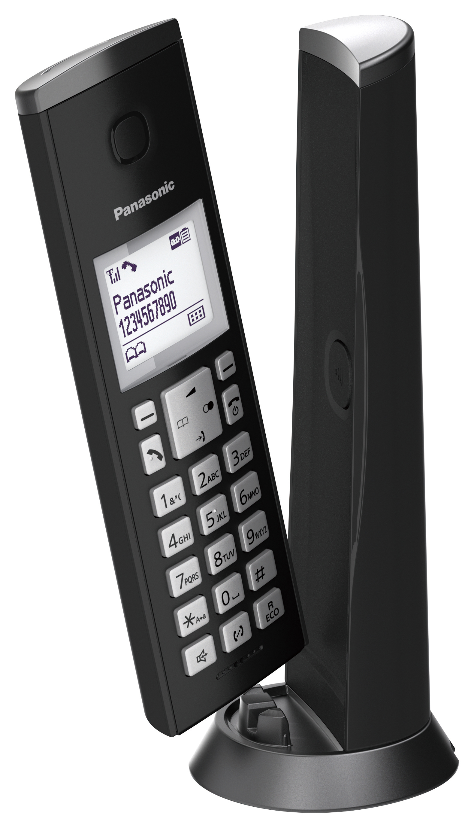 Schwarzes schnurloses Telefon mit Basis, Telefon auf der Basis und stehend.