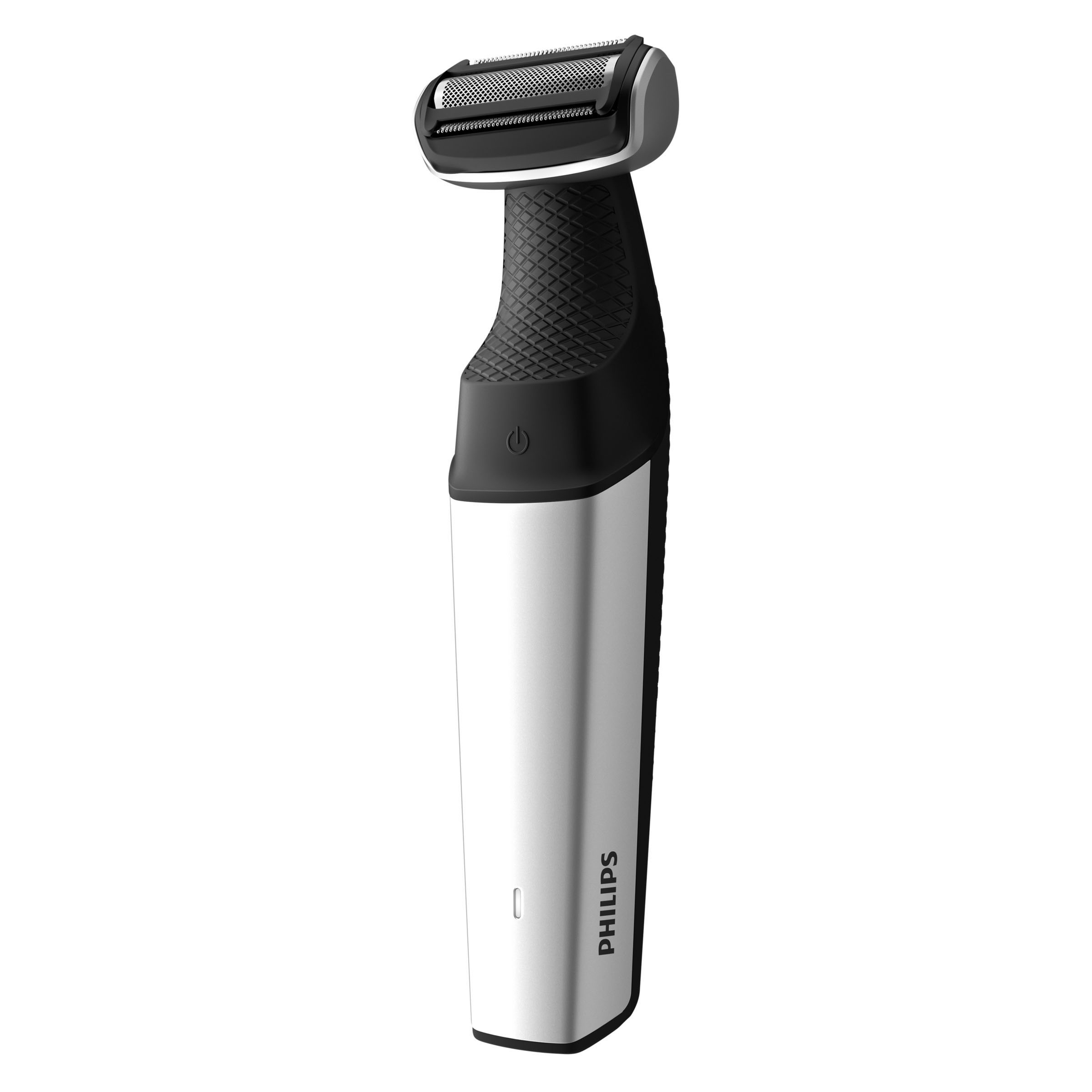 Philips Bodygroomer, noir et argent, avec la tête de rasage visible, fond blanc.