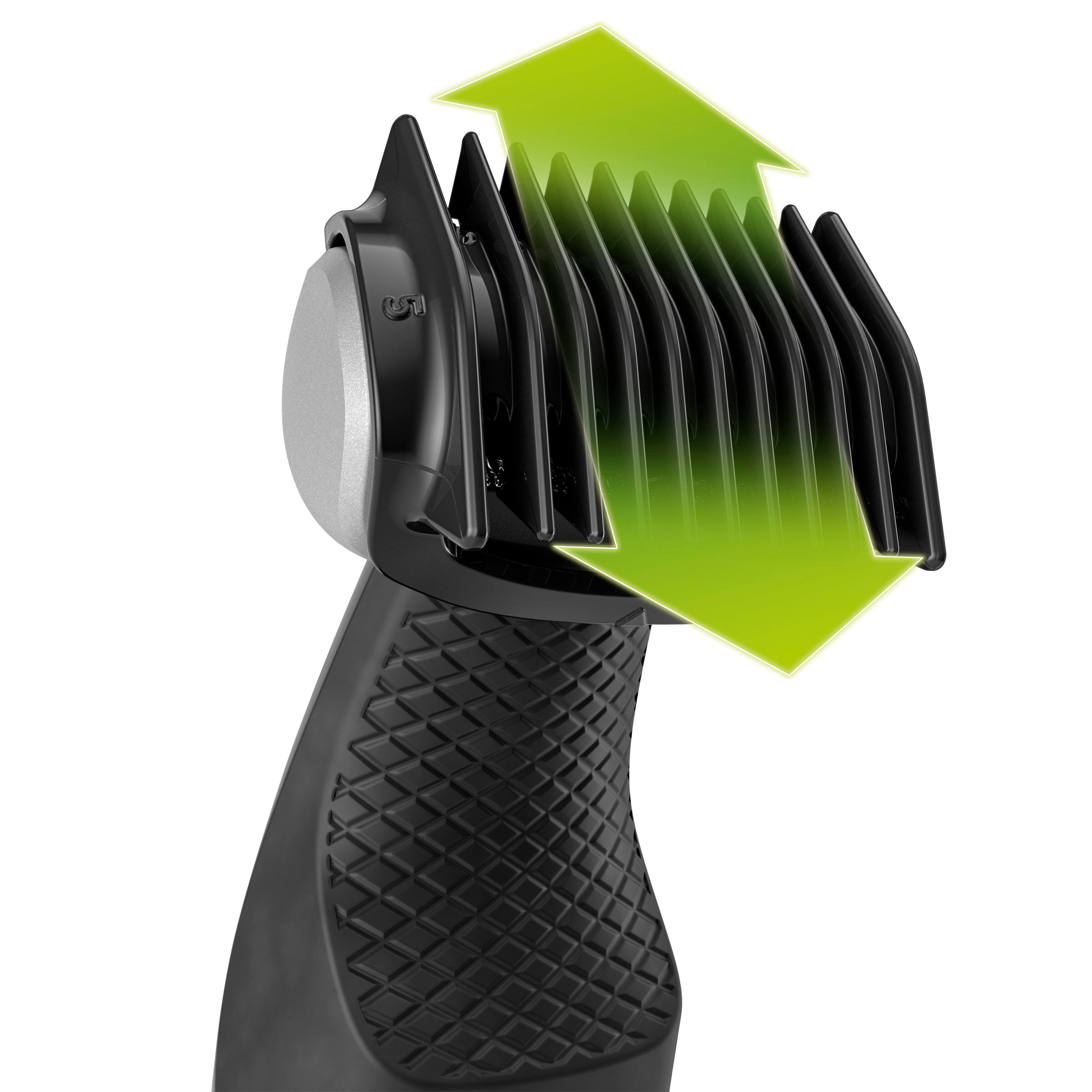 Une tondeuse à cheveux noire avec une flèche verte indiquant la plage du peigne réglable.